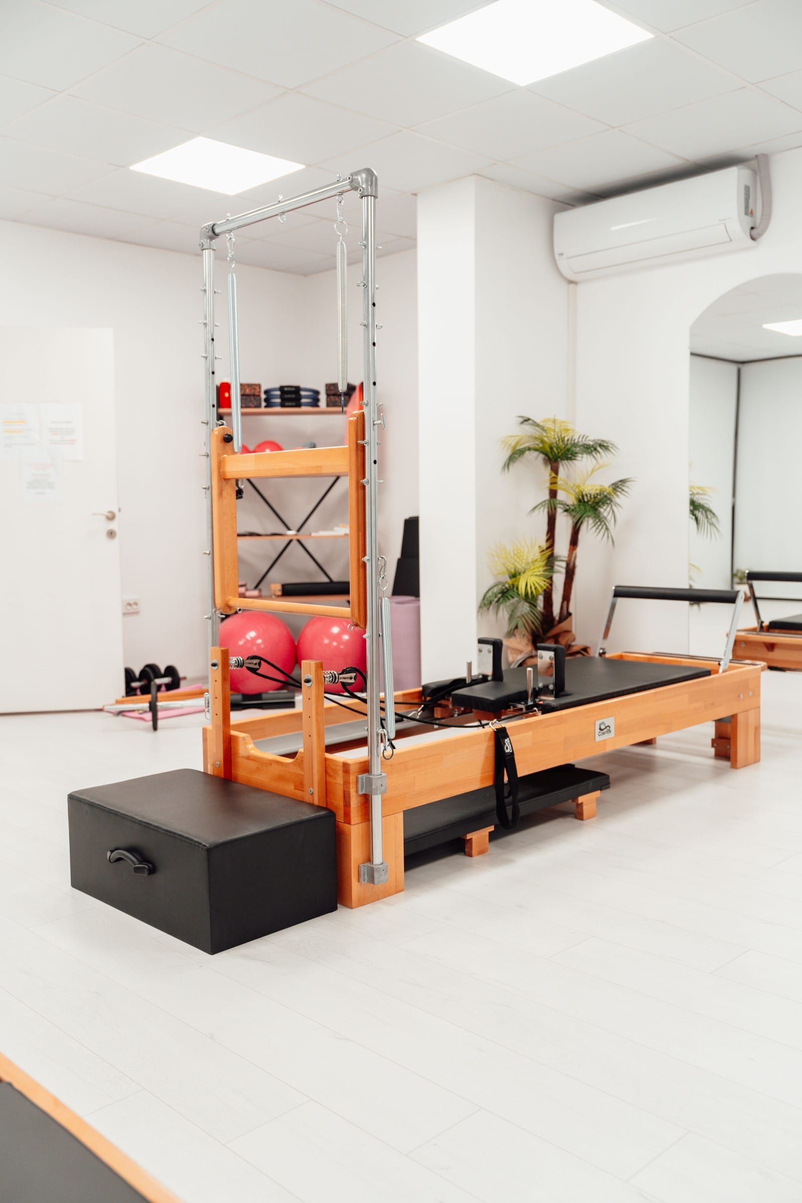 Sala del estudio con máquina Reformer y torre de madera, luz natural